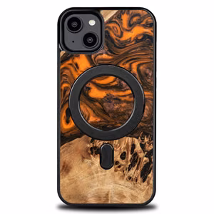Puu- ja hartsikuori iPhone 15 Plus:lle MagSafe Bewood Unique Orange - oranssi ja musta