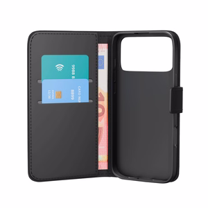 Puro Wallet Stand suojakuori iPhone 17 Pro:lle - ekotekonahkainen lompakko- ja jalustakuori, musta