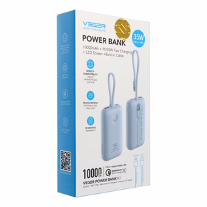 Ulkoinen akku Veger K1 (W1188) PD QC3.0 35W 10000 mAh sisäänrakennetuilla USB-C-kaapeleilla / Lightning sininen