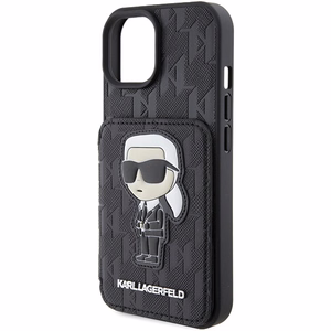 Karl Lagerfeld Saffiano Cardslots and Stand Monogram Ikonik Patch suojakuori iPhone 15:lle - musta