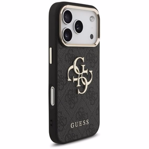 Guess PU Leather 4G Metal Logo Gold Frame -kuori Apple iPhone 18 Pro -puhelimelle, musta