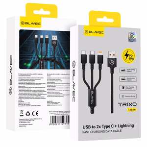 Blavec Trixo punottu kaapeli - USB - 2xType C + Lightning - QC 18W PD60W 3A 1,3 m (CTR-U2CL3B13) musta