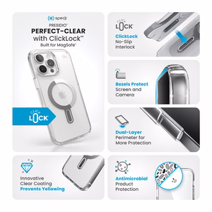 Speck Presidio Perfect-Clear -suojakuori MagSafe- ja ClickLock-tuella iPhone 16 Pro Max:lle, Clear/Chrome