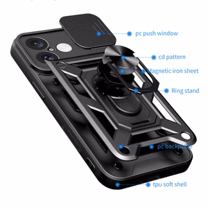 Hybrid Armor Camshield Panssaroitu Suojakuori iPhone 16 Plus:lle kameransuojalla ja jalustalla - Musta