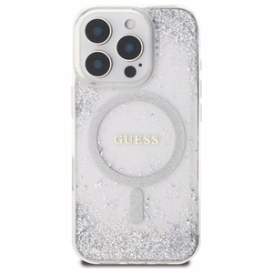 GUESS Suojakuori iPhone 16 Pro:lle MagSafe-yhteensopiva GUHMP16LRGRGES (Resin Gradient Glitter) hopeinen
