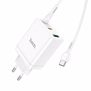 Puhelinlaturi Hoco 2 x USB C + USB A QC3.0 PD 3A 35W + kaapeli USB C - USB C N33 valkoinen