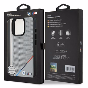 BMW M Perforated Tricolor Line MagSafe Suojakuori iPhone 16 Pro:lle - harmaa