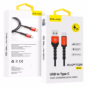 Blavec Raptor punottu Kaapeli - USB - Type C - 3A 0,5 metriä Apple CarPlay/Android Auto (CRA-UC3BR05) musta-punainen