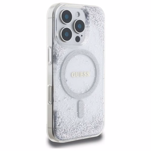GUESS Suojakuori iPhone 16 Pro:lle MagSafe-yhteensopiva GUHMP16LRGRGES (Resin Gradient Glitter) hopeinen