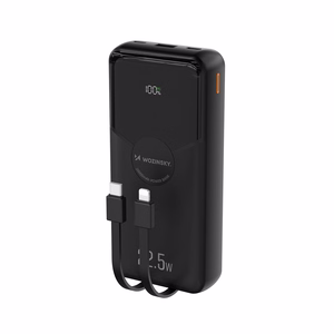 Wozinsky WFC-15B 20000mAh 22.5W varavirtalähde, PD20W, sisäänrakennetut Lightning- ja USB-C-kaapelit, musta