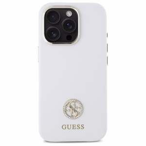 Guess Silikoninen Logo Strass 4G Suojakuori iPhone 16 Pro:lle - Valkoinen