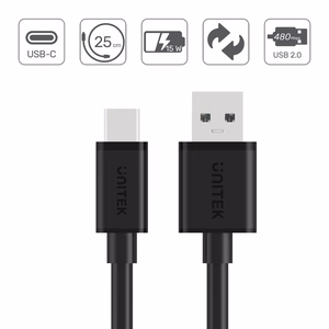 UNITEK USB-A — USB-C -kaapeli 25CM, Y-C480BK