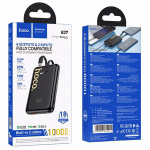 Hoco Q37 -varavirtalähde 10000 mAh QC PD 22,5W sisäänrakennetuilla kaapeleilla USB-C + Lightning, musta