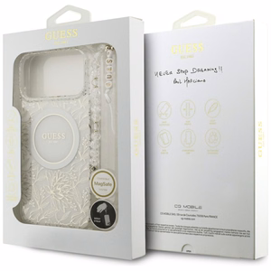 Guess IML Flowers Electro Pearl Strap MagSafe -suojakuori iPhone 17 Pro Max - valkoinen