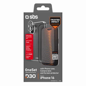 SBS set with D3O technology for iPhone 16 - case + glass screen and camera protector - transparent