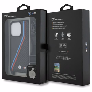 BMW M Edition Carbon Tricolor Lines & hihna suojakuori iPhone 16 Pro:lle - musta