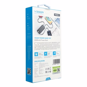 Ulkoinen akku Veger C20 (W2047 / W2059) 20000 mAh sisäänrakennetuilla Micro-USB-kaapeleilla / Type C / Lightning musta