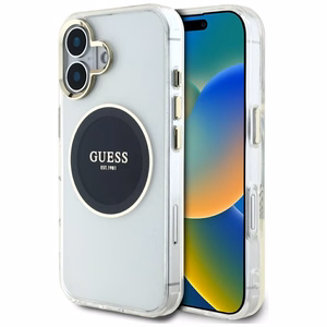 Guess IML Metal Colored Circle Classic Logo MagSafe Suojakuori iPhone 16:lle - musta