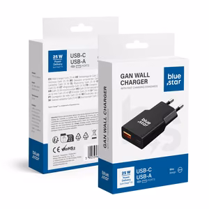 Puhelinlaturi Blue Star Slim GaN USB-C + USB-A QC4.0 PD 3A 25W TFK-SC-25WAC musta