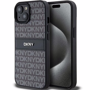 DKNY Nahkainen Mono Raita ja Metallinen Logo Suojakuori iPhone 15 Plus / 14 Plus:lle - musta