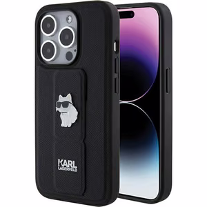 Karl Lagerfeld Gripstand Saffiano Choupette Pins Suojakuori iPhone 15 Prolle - musta