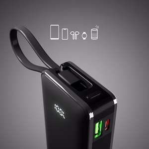 Powerbank SBS 10000 mAh 20W sisäänrakennetulla USB-C-kaapelilla ja digitaalisella näytöllä - musta