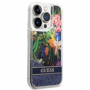 Guess GUHCP14LLFLSB iPhone 14 Pro 6.1 "sininen / sininen kovakotelo Kukka Nestemäinen Glitteri