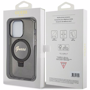 Guess Ring Stand Script Glitter MagSafe Suojakuori iPhone 15 Prolle - musta