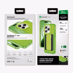 Amazing Thing Titan Pro Neon Mag Lompakkokuori 10FT IP156.7PTWGN iPhone 15 Pro Max:lle vihreä jalustalla