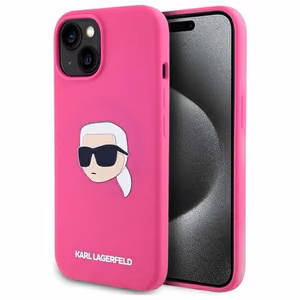 Karl Lagerfeld Suojakuori iPhone 15:lle yhteensopiva MagSafen kanssa KLHMP15SSKHPPLF (SIL KL Head Print) fuksia