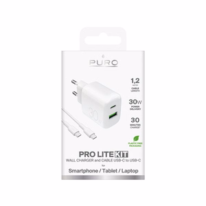 Puro PROLITE 30W USB-A / USB-C seinälaturi + USB-C - USB-C kaapeli 1.2m - Valkoinen