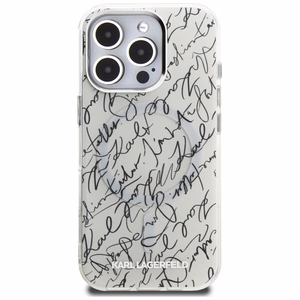 Karl Lagerfeld IML Karl Script Pattern MagSafe Suojakuori iPhone 16 Pro:lle - Valkoinen