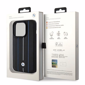 BMW Leather Stamp Blue Line Case for iPhone 15 Pro Max - Black
