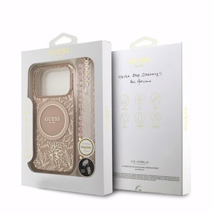 Guess IML Flowers Allover Strap MagSafe -suojakuori Apple iPhone 18 Pro -puhelimelle, vaaleanpunainen