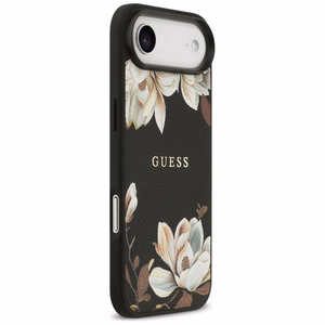 Guess Grained Flowers Classic Logo MagSafe Suojakuori iPhone Air:lle musta