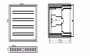 MCB-kotelo TIBOX 585 x 750 x 115 mm; 4 x 24P, uppoasennus, sisäkäyttö