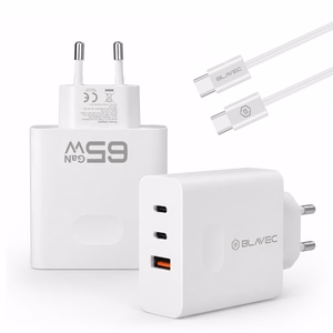 Blavec seinälaturi BC-11 GaN - USB + 2xType C - QC PD 65W 3A ja Type C - Type C -kaapeli (TCBC11G-U2CW653A) valkoinen
