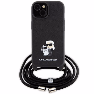 Karl Lagerfeld Crossbody Saffiano Metal Pin Karl & Choupette Suojakuori iPhone 15 Plus:lle - musta