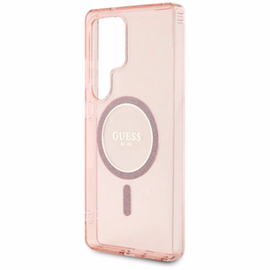 Guess Glitter Circle Classic Logo MagSafe -suojakuori Samsung Galaxy S25 Ultra pinkki