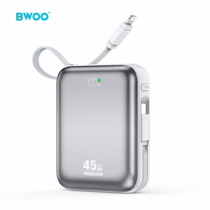 BWOO varavirtalähde P77 45W, 10000 mAh USB-C- ja Lightning-kaapelilla, harmaa
