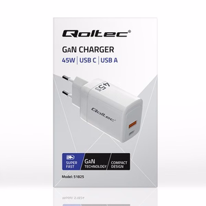 Qoltec 51825 GaN 45W laturi, 5-20V, 1.5-3A, 1 x USB-C PD, 1x USB QC 3.0, valkoinen