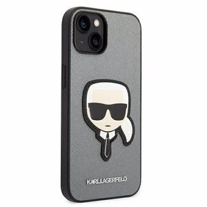 Karl Lagerfeld Saffiano Karl's Head Patch Suojakuori iPhone 14:lle - hopeinen
