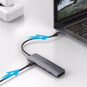 Ugreen CM195 6in1 -adapteri USB-C - HDMI / 2x USB-A 3.0 / USB-C PD / SD / TF-lukija - harmaa