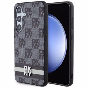 DKNY Nahkainen Ruudullinen Mono-kuvio ja Painetut Raidat Suojakuori Samsung Galaxy S24+:lle - musta