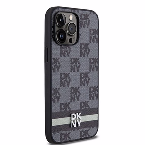 DKNY Nahkainen Checkered Mono Pattern & Printed Stripes Suojakuori iPhone 14 Pro Max:lle - musta