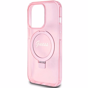 GUESS Suojakuori IPHONE 15 Prolle MagSafe-yhteensopiva GUHMP15LHRSGSP (Glitter Script Logo Ring stand) vaaleanpunainen