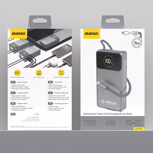 Dudao K31 Pro 45W 20000mAh Power Bank with Built-in Retractable USB-C Cable - Gray
