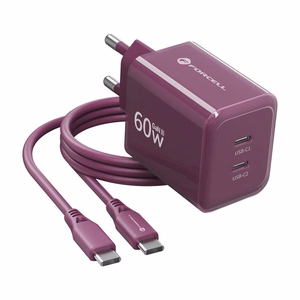 Viininpunainen 60 W:n Forcell F-Energy GaN III Crystal Color VT-60 -seinälaturi, 2 × USB-C, AVS/PPS ja 1 m:n 60 W:n silikoninen USB-C–USB-C-kaapeli