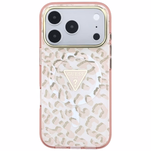 Guess IML Leopard Glitter Triangle Logo MagSafe suojakuori mallille iPhone 17 Pro Max / 18 Pro Max – väri: vaaleanpunainen