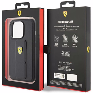 Ferrari Grip Stand Metal Logo Suojakuori iPhone 15 Prolle - musta